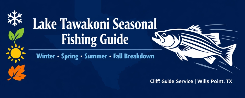 Lake Tawakoni seasonal fishing guide banner showing winter, spring, summer, and fall breakdown in Wills Point TX