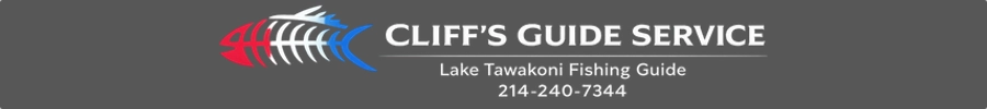 Cliff’s Guide Service Lake Tawakoni Fishing Guide logo with striped bass and phone number 214-240-7344