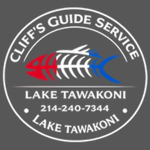Cliff’s Guide Service Lake Tawakoni Fishing Guide logo with striped bass and phone number 214-240-7344